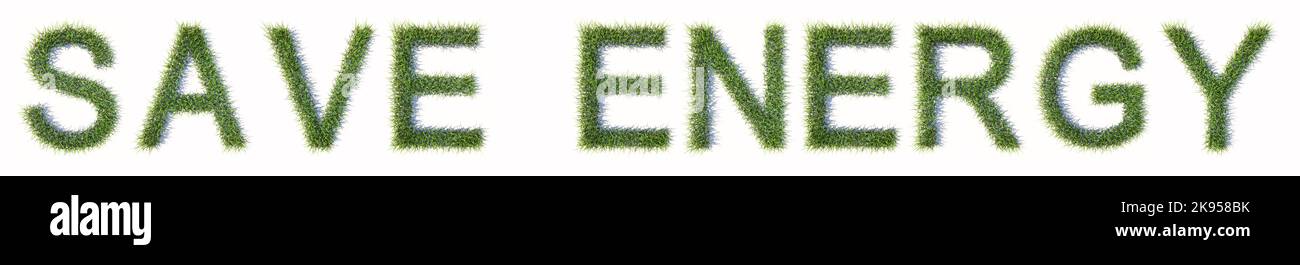 Concetto concettuale erba verde prato formazione RISPARMIARE ENERGIA testo isolato su sfondo bianco. 3d metafora illustrativa per le energie rinnovabili, alternativa Foto Stock