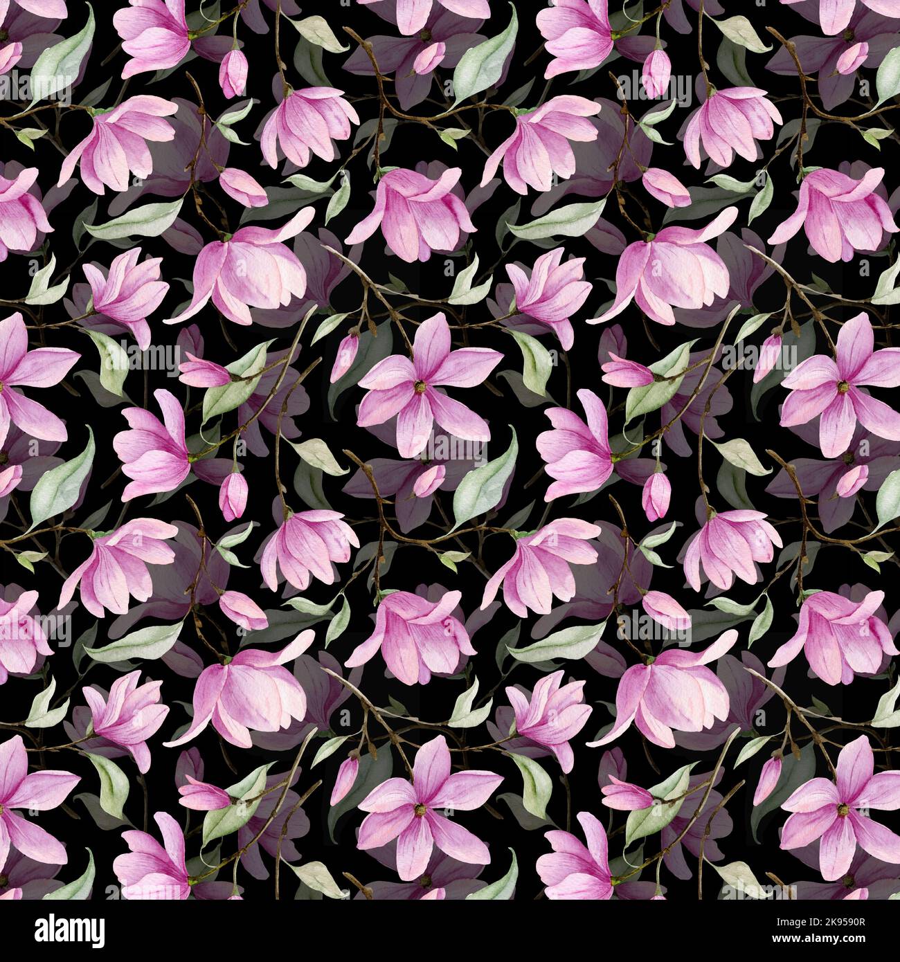 Motivo Magnolia ad acquerello senza cuciture. Stampa floreale disegnata a mano con fiori rosa e foglie verdi su sfondo nero. Rami di fioritura. Illustrazione f Foto Stock