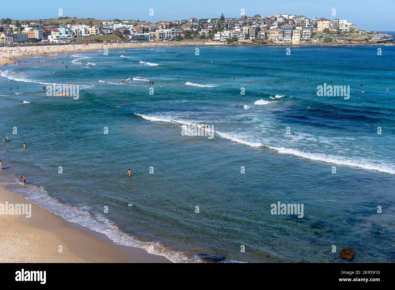 Le persone in vacanza nuotano sulla spiaggia di Bondi a Sydney, Australia nel caldo estivo Foto Stock
