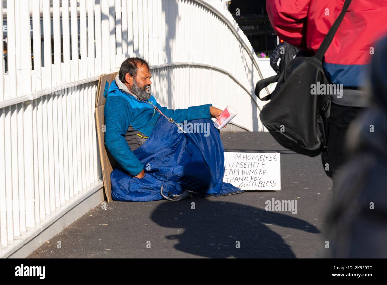 Irlanda Eire Dublin River Liffey arco pedonale Ha'penny Bridge Droichead na Life costruito John Windsor 1816 Liffey Bridge Beggar senza tetto Foto Stock