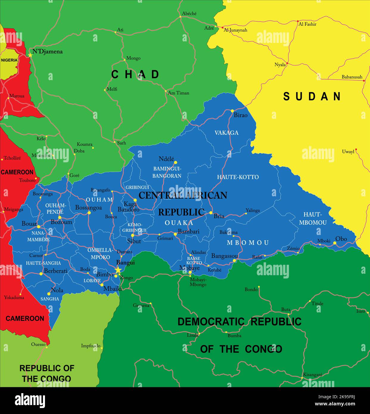 Mappa vettoriale molto dettagliata della Repubblica Centrafricana con regioni amministrative, principali città e strade. Illustrazione Vettoriale