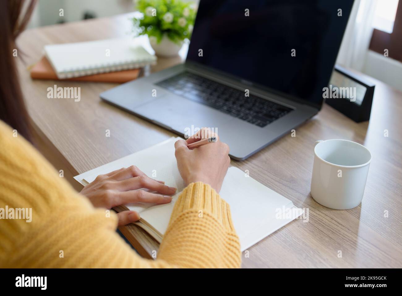 Una donna che usa una matita per scrivere i ricordi in un notebook Foto Stock