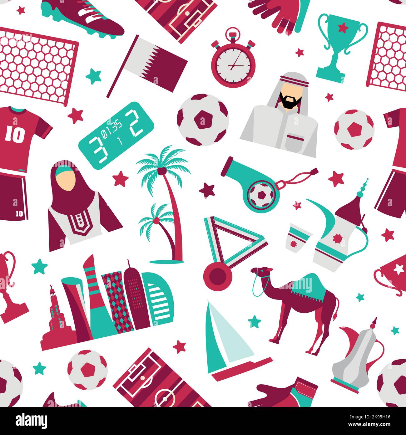 Qatar World Chapmpiomship. Calcio a tema. Motivo senza cuciture rivestimento in tessuto tendenza piatto desig. Illustrazione Vettoriale