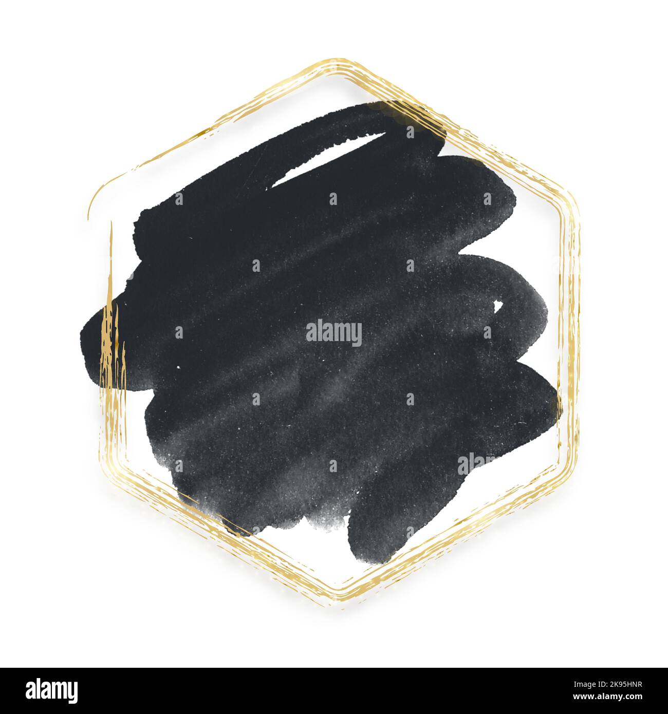 Sfondo di lusso per testo con bordo esagonale dorato. Brushstroke in acquerello nero con cornice lucida su sfondo bianco. Punto pennello disegnato a mano Illustrazione Vettoriale