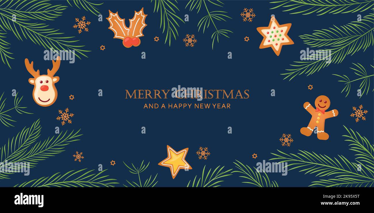 sfondo natalizio con rami di abete e pan di zenzero Illustrazione Vettoriale