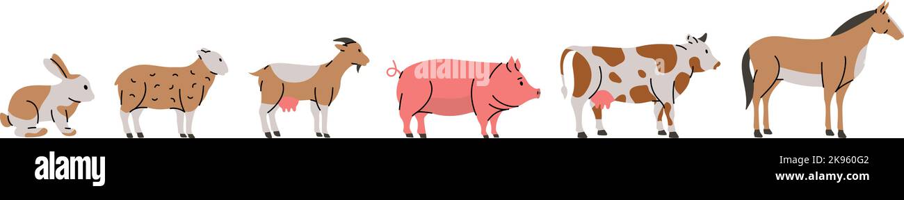 Set di animali da fattoria. Coniglio, pecora, capra, maiale, mucca, Silhouette a cavallo. Animali da allevamento Set di caratteri isolati su sfondo bianco Illustrazione Vettoriale