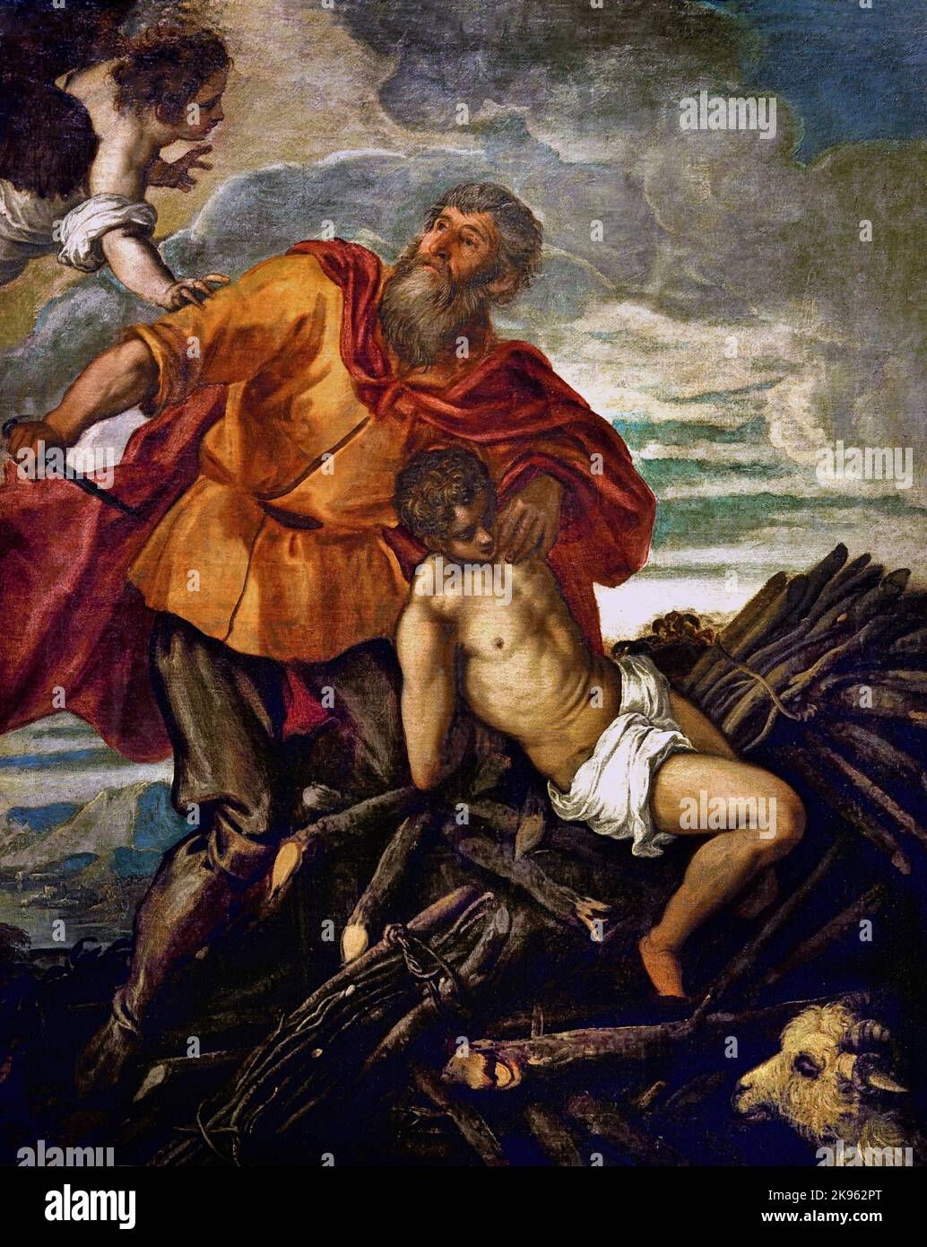 Sacrificio di Isacco, 1550-1555, Jacopo Robusti, detto Tintoretto, Galleria degli Uffizi, Firenze, Italia. Firenze, Italia. Dio chiede: Abrahamo , sacrifica suo figlio Isacco , Monte Moriah , Abrahamo comincia a conformarsi, quando un messaggero da Dio lo interrompe, Abrahamo vede allora un montone e lo sacrifica invece, Foto Stock
