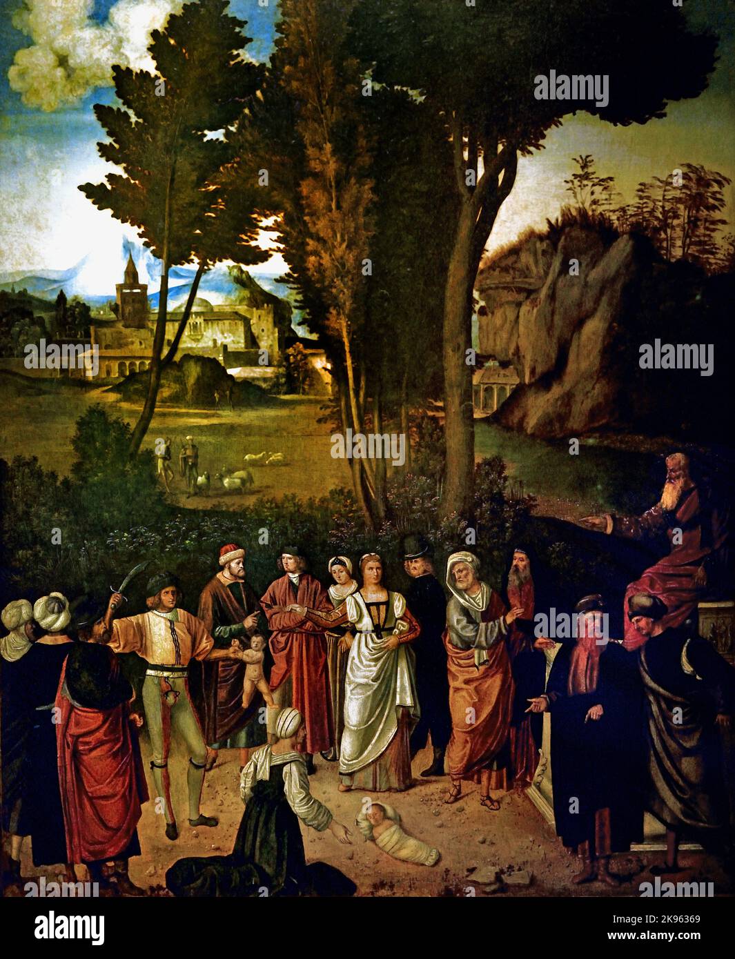 La sentenza di Salomone di Giorgio da Castelfranco, detto Giorgione (Castelfranco Veneto 1477 ca. - Venezia 1510) Italia Italiano ( Giudizio di Salomone Bibbia ebraica, due donne che pretendono di essere la madre di un bambino, Salomone rivelò sentimenti veri , rapporto con il bambino , suggerendo che il bambino sia tagliato in due, ogni donna per ricevere la metà. Con questa strategia, riuscì a discernere la non-madre, come la donna che approvò completamente questa proposta, mentre la madre vera e propria implorò che la spada fosse rivestita, e il bambino si impegnò a prendersi cura del suo rivale, ) Foto Stock