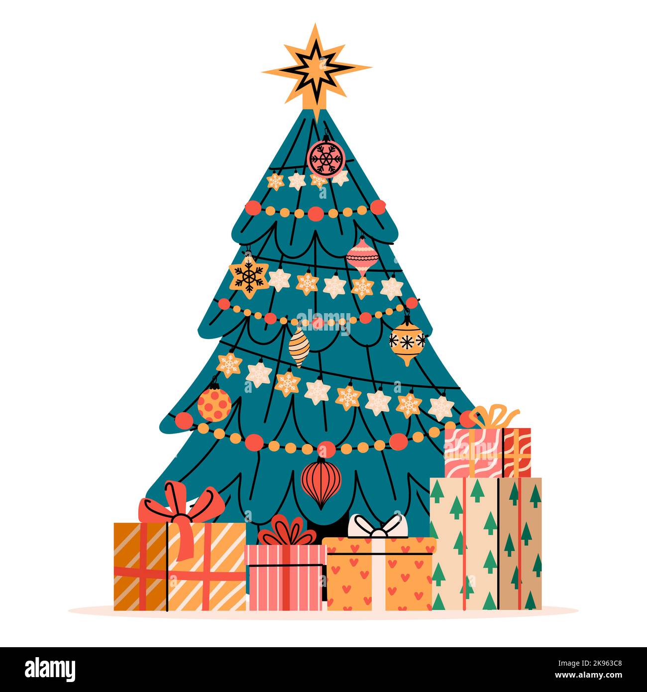 Albero di Natale con regali. Pino decorato con scatole regalo, cartone animato con palle leggere garlands star, buon Natale felice anno nuovo concetto. Vettore Illustrazione Vettoriale