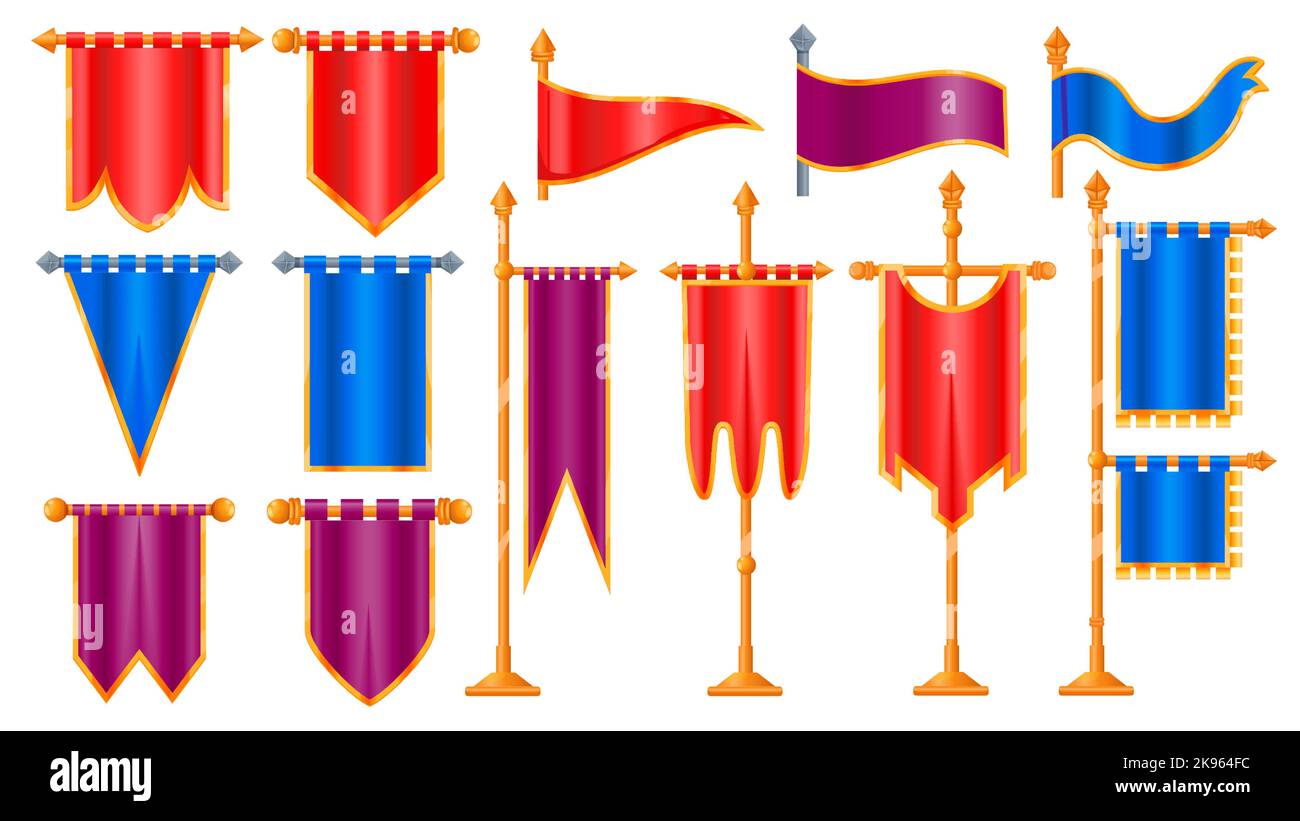 Bandiere di cartoni animati medievali. Vecchio tessuto vittoriano per le risorse di progettazione di giochi UI, classico flagstaff pennant polo icone video concetto di gioco. Vettore Illustrazione Vettoriale