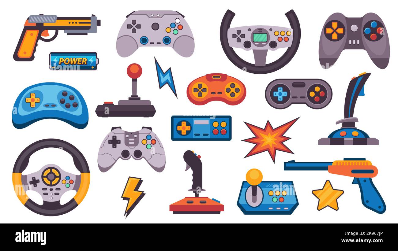 Console gamepad. Moderno controller di videogiochi joystick pistola icone cartoni animati, retrò piatto dispositivi di gioco senza fili per i giocatori di videogiochi. Vettore Illustrazione Vettoriale