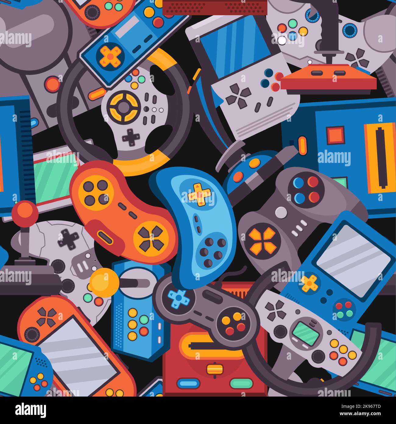 Schema di gioco Arcade. Stampa senza interruzioni di console video vintage stile cartone animato, controller di videogiochi retrò elementi di dispositivo joystick per il design tessile Illustrazione Vettoriale