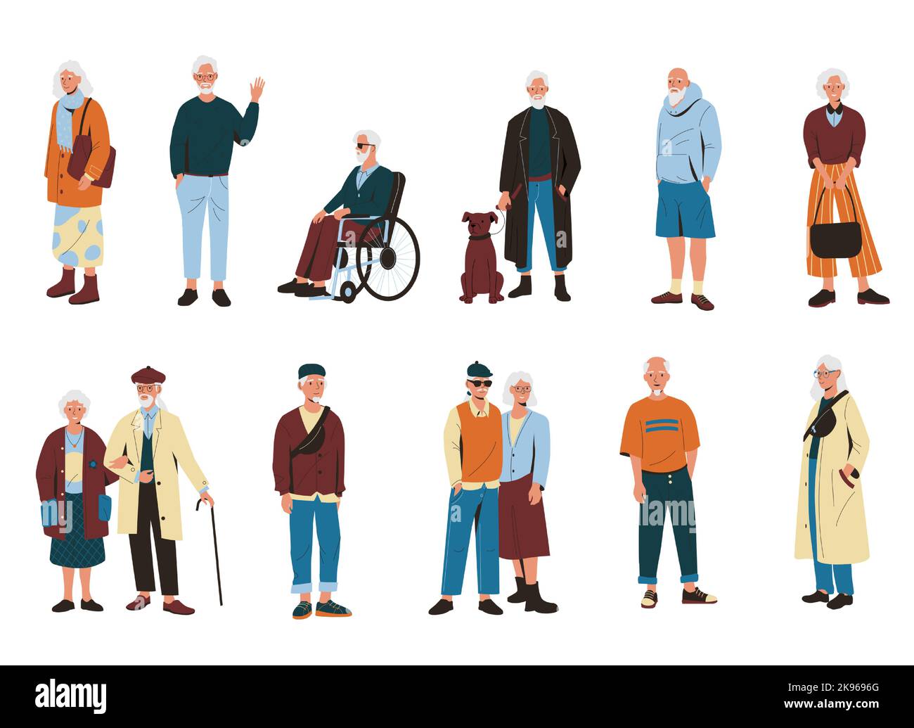 Anziani. Cartoon vecchia donna pensionato, persone moderne mature indossando abiti alla moda, personaggi attivi anziani in pensione. Vettore Illustrazione Vettoriale