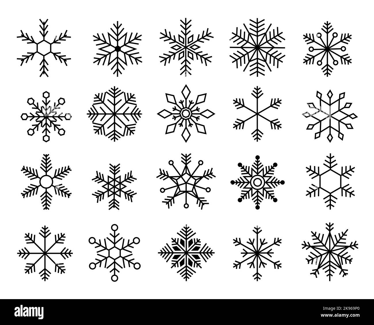 Collezione di fiocchi di neve. Astratto ghiaccio congelato ghiaccio icone Natale Capodanno decorazione vacanza, bianco neve elementi decorativi diverse forme Illustrazione Vettoriale