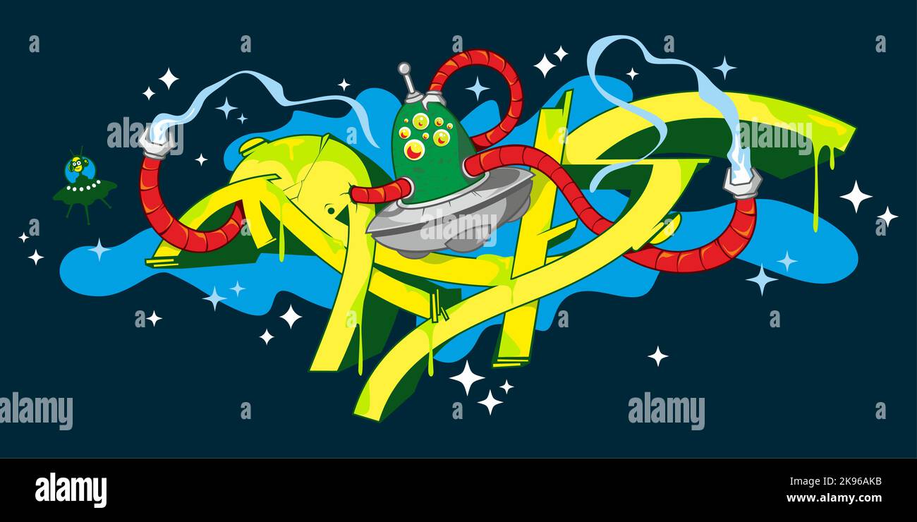 Astratto Word Mals stile Graffiti Font lettering con Alien pilotare Un Flying Saucer Spaceship Vector Illustration Illustrazione Vettoriale