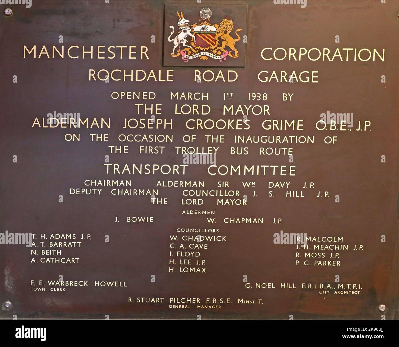 Plaque, dal deposito degli autobus di Manchester Corporation Rochdale Road 1938 Foto Stock