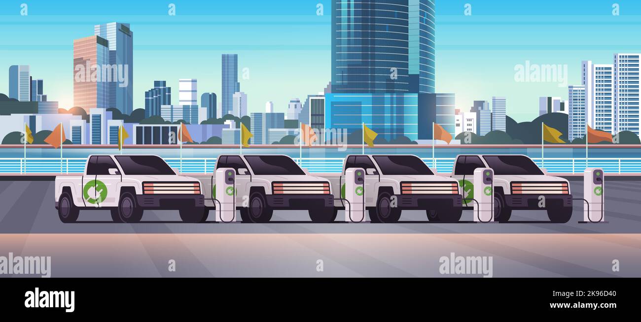 pick-up elettrico auto camion carica parcheggio presso la stazione di ricarica con un cavo di collegamento elettrico trasporto e-motion Illustrazione Vettoriale