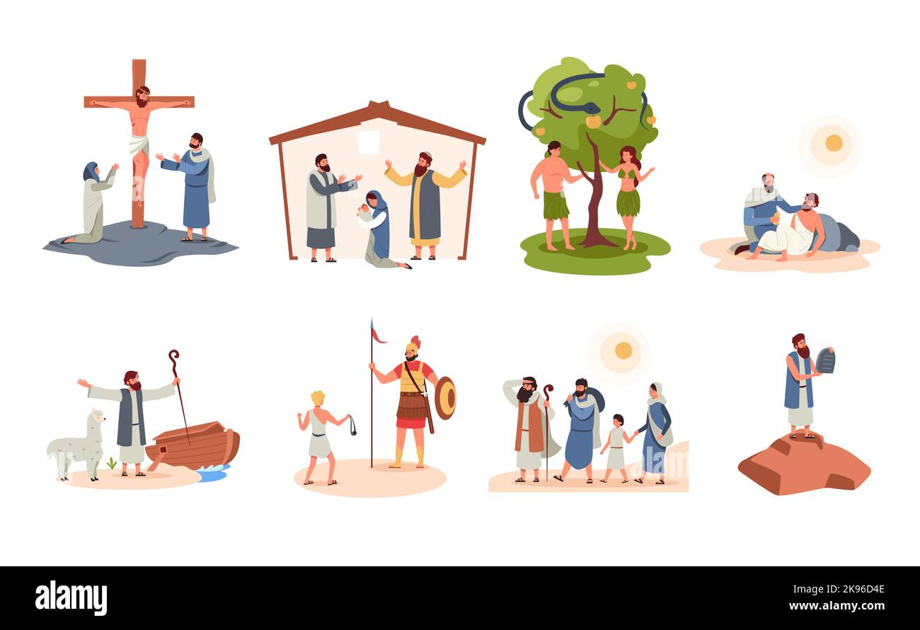 Scene bibliche. Cartone animato antichi personaggi biblici stile piatto, religione cristianità storie sacre dal libro santo, Dio cielo manna storie. Vettore Illustrazione Vettoriale