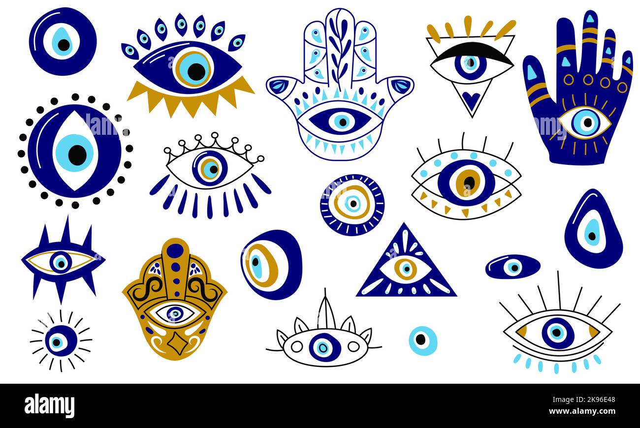Collezione occhio turco. Astratto cartone animato blu male occhio HAMSA magia icone, fantasy esoterico talismano protezione. Set vettoriale contemporaneo Illustrazione Vettoriale
