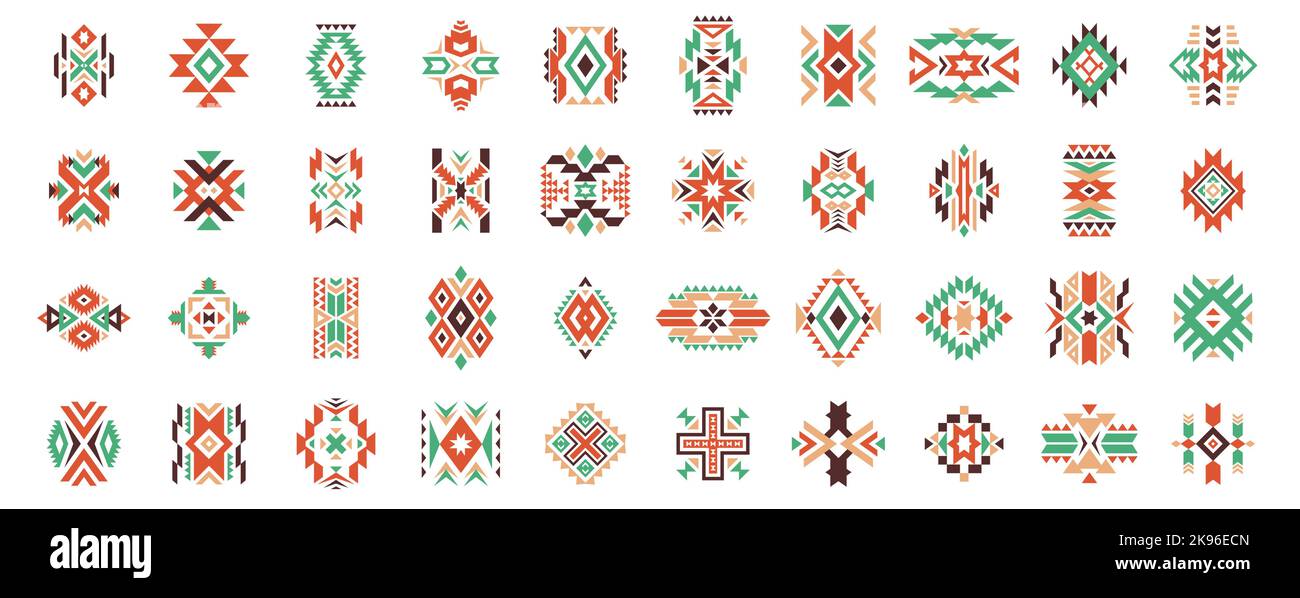 Motivo etnico azteco. Motivi geometrici nativi americani, elementi d'arte tribale messicani colorati per il disegno del tessuto del tatuaggio del logo. Set con isolamento vettoriale Illustrazione Vettoriale