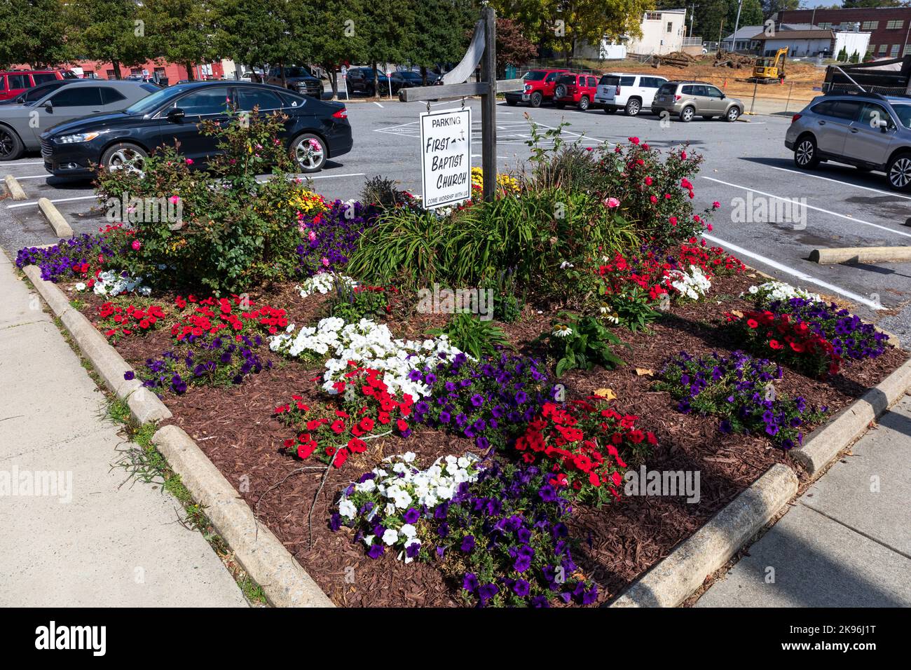 BREVARD, NORTH CAROLINA, USA-9 OTTOBRE 2022: Aiuole colorate di petunia nel primo parcheggio della Chiesa Battista. Foto Stock