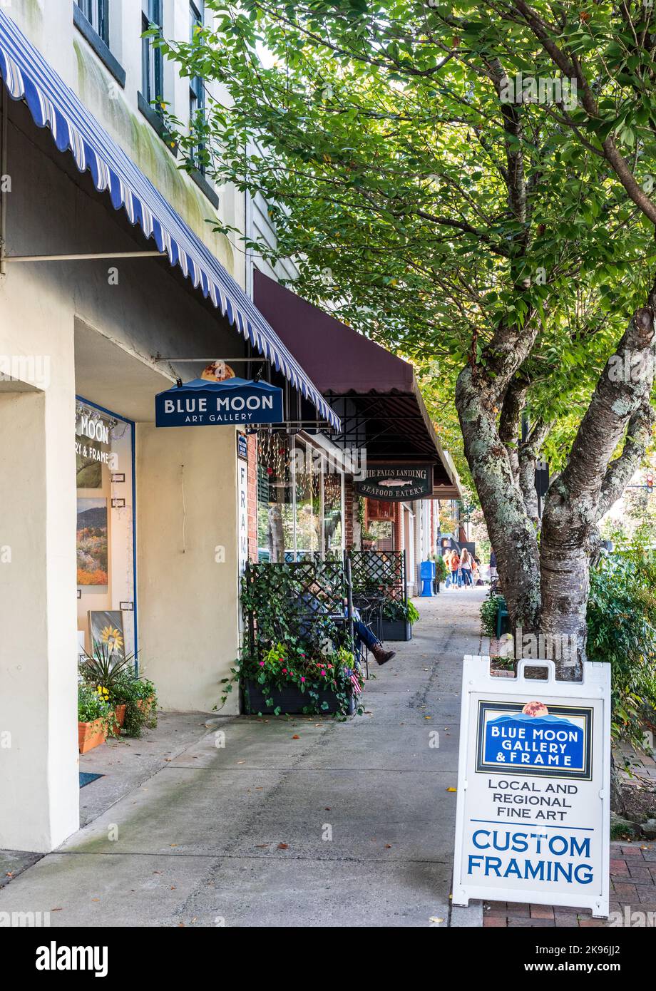 BREVARD, NORTH CAROLINA, USA-9 OTTOBRE 2022: Vista lungo il marciapiede, tra cui la Blue Moon Art Gallery e il ristorante di pesce Falls Landing. Persone in distan Foto Stock