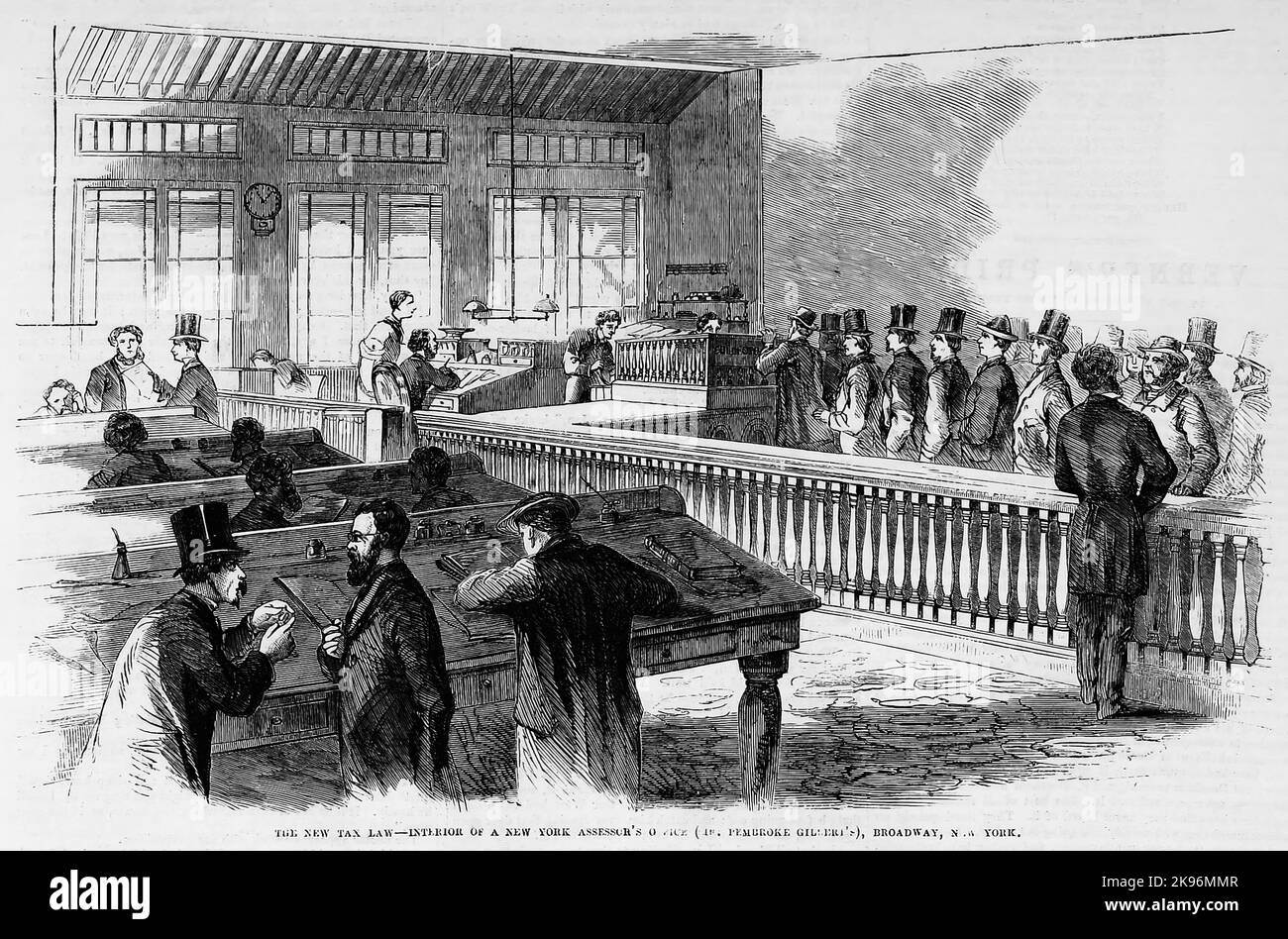 The New Tax Law - interno dell'ufficio di un valutatore di New York (MR. Pembroke Gilbert's), Broadway, New York. Legge sulle entrate del 1862. Ottobre 1862. Illustrazione della guerra civile americana del 19th° secolo dal quotidiano illustrato di Frank Leslie Foto Stock