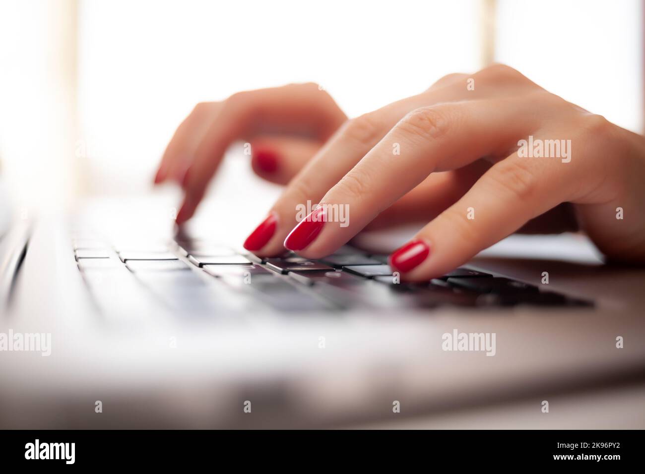 La ragazza dietro il notebook. Le mani femminili digitano il testo sulla tastiera mentre si scambiano messaggi tramite social network utilizzando un computer portatile. Un worke femminile di ufficio Foto Stock