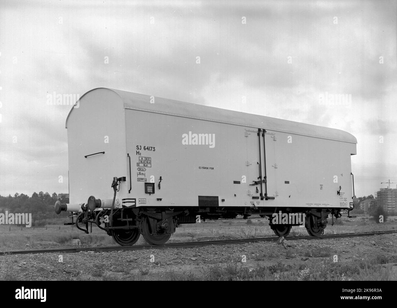 Le Ferrovie dello Stato, SJ HZ 64173. Un carrello di raffreddamento più moderno senza scatole di ghiaccio ma con un refrigeratore elettrico. Le macchine di raffreddamento sono state rimosse dai carri Hz negli anni '1960s, dopo di che sono state utilizzate come carri isolati. Foto Stock