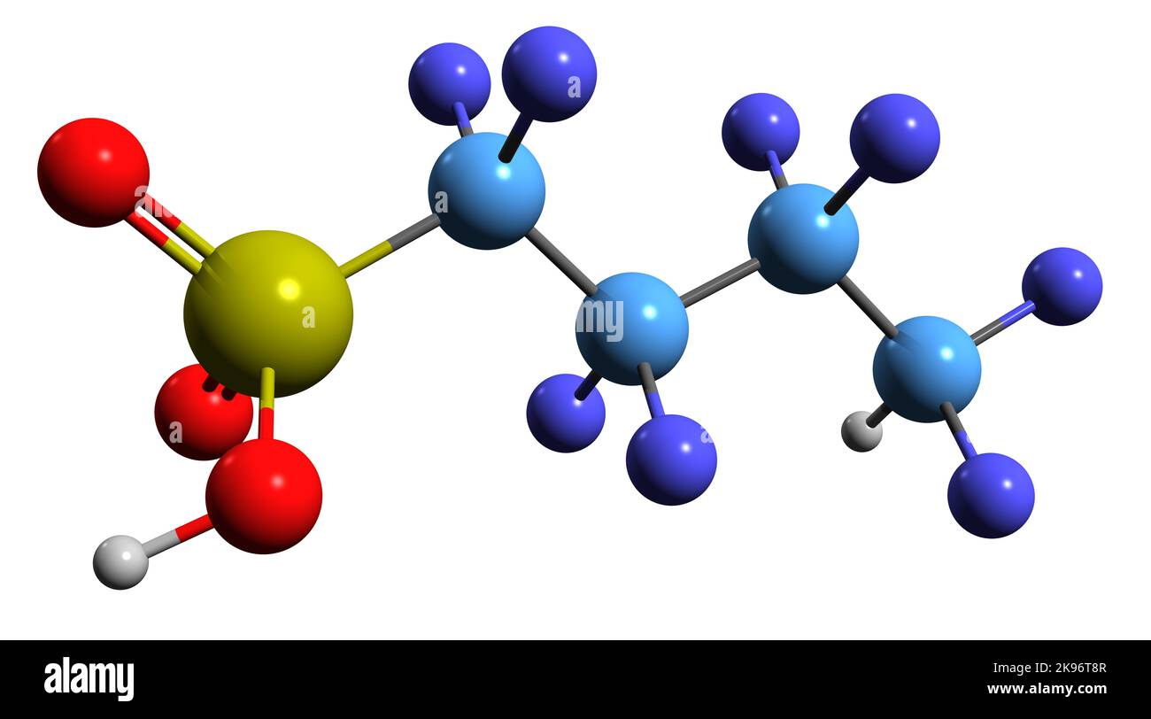 3D immagine della formula scheletrica dell'acido perfluorobutansolfonico - struttura chimica molecolare dell'acido Nonafluorobutansolfonico isolato su backgroun bianco Foto Stock