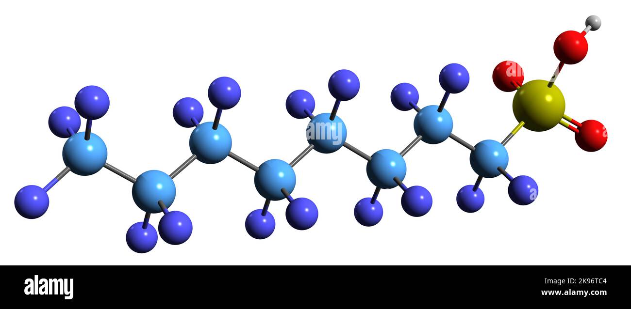 3D immagine della formula scheletrica dell'acido perfluorottansolfonico - struttura chimica molecolare del fluorosurfattante PFOS isolato su sfondo bianco Foto Stock