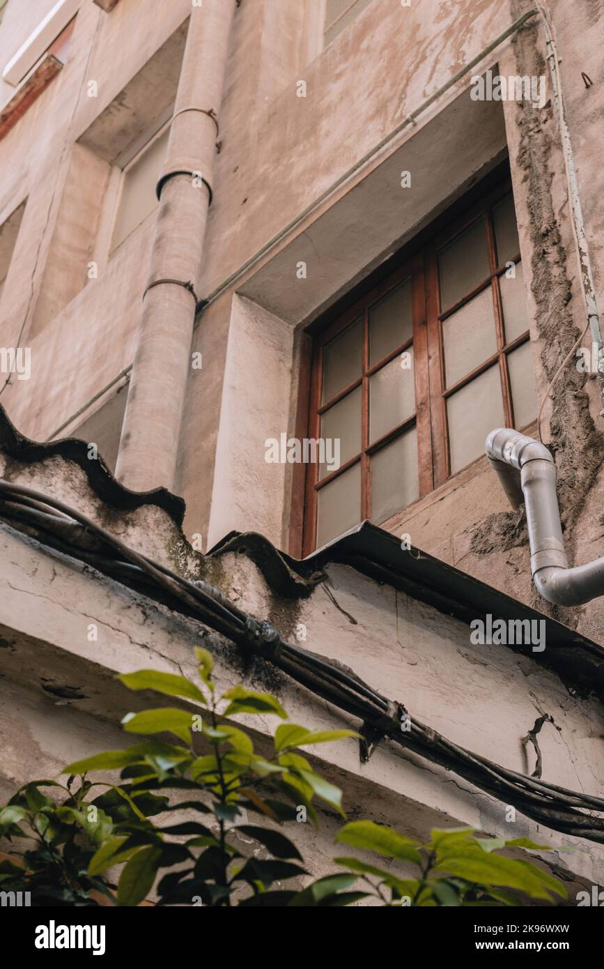 Un dettaglio verticale della facciata in un vicolo con tubi metallici, fili neri sotto la finestra e piante verdi Foto Stock