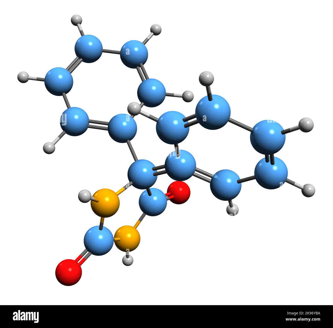 3D immagine di fenitoina formula scheletrica - struttura chimica molecolare di farmaco anti-crisi isolato su sfondo bianco Foto Stock