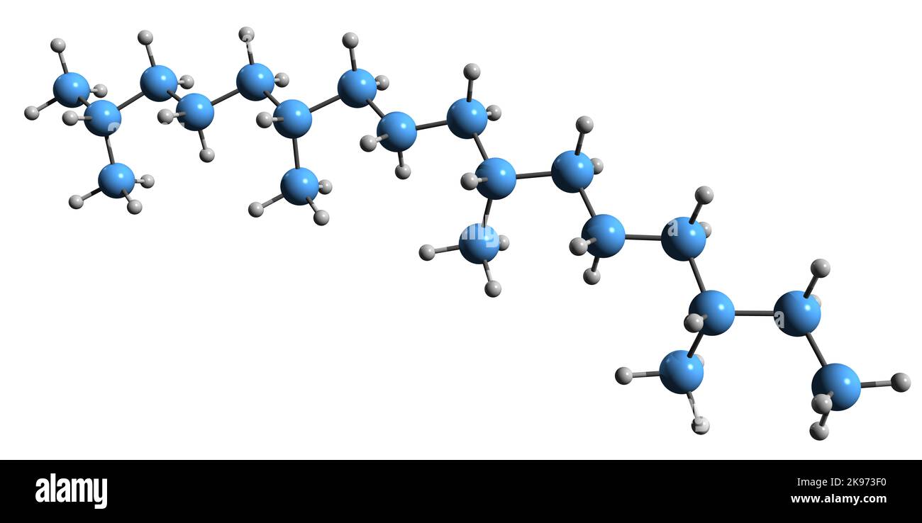 3D immagine della formula scheletrica di Phytano - struttura chimica molecolare dell'alcanio isoprenoide isolato su sfondo bianco Foto Stock