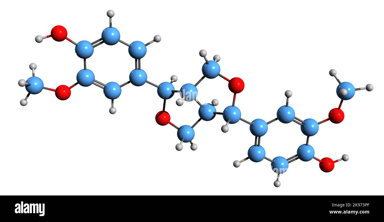 3D immagine di Pinoresinol formula scheletrica - struttura chimica molecolare di tetraidrofurano lignan isolato su sfondo bianco Foto Stock