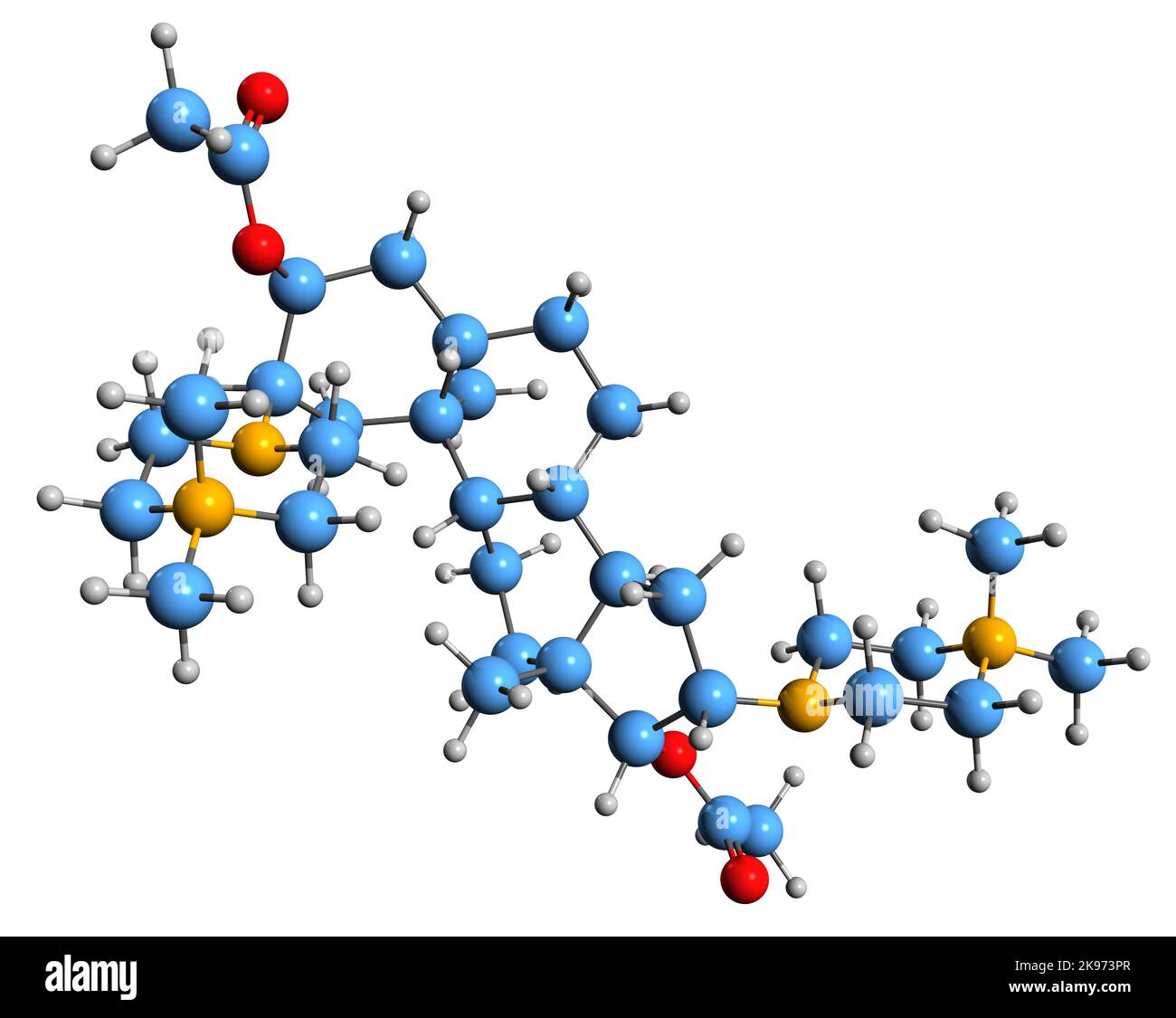 3D immagine di Pipecuronium bromuro formula scheletrica - struttura chimica molecolare del miorilassante dell'aminosteroide bisquaternario isolato sulla schiena bianca Foto Stock