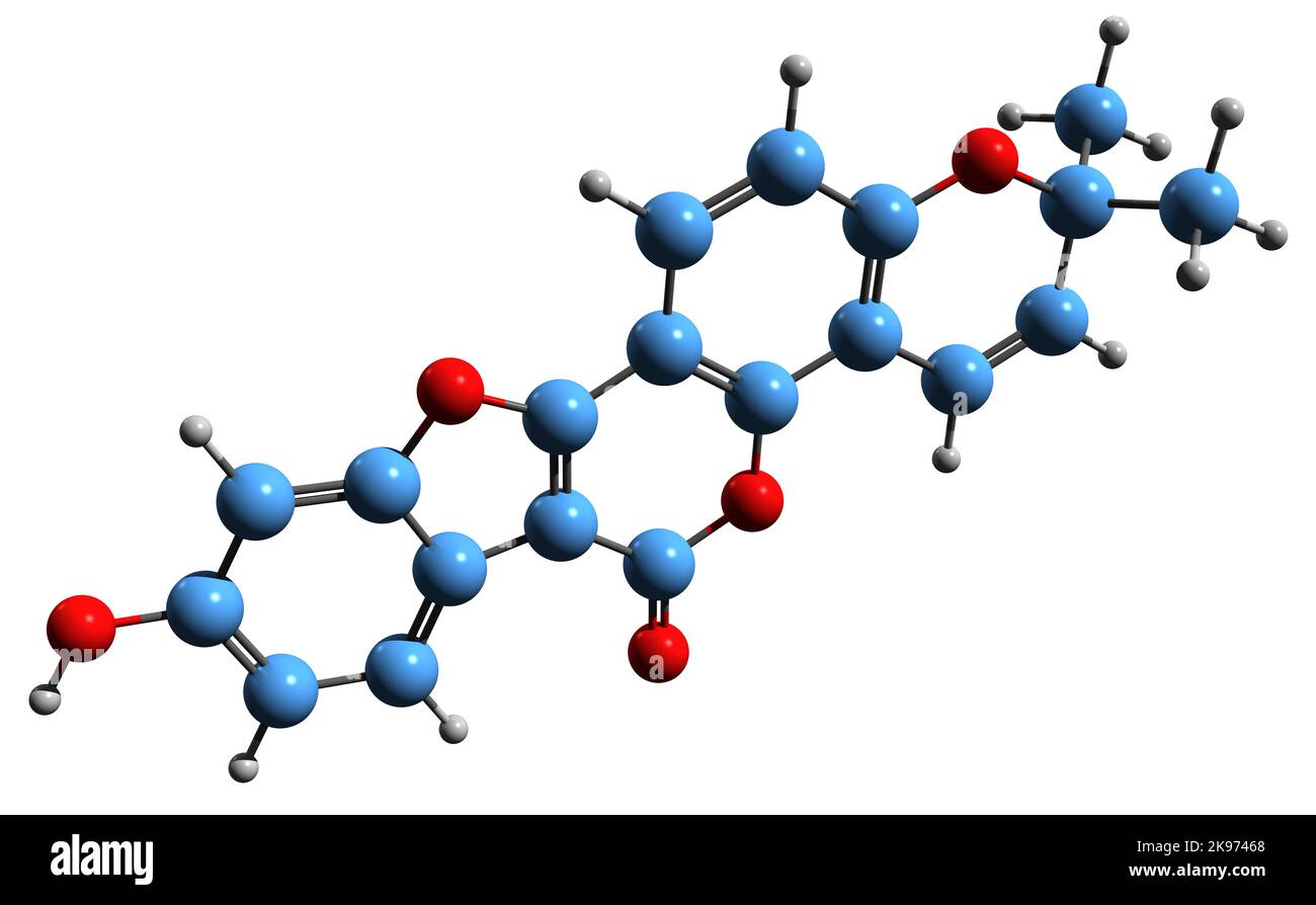 3D immagine di Plicadin formula scheletrica - struttura chimica molecolare del coumestano isolato su sfondo bianco Foto Stock