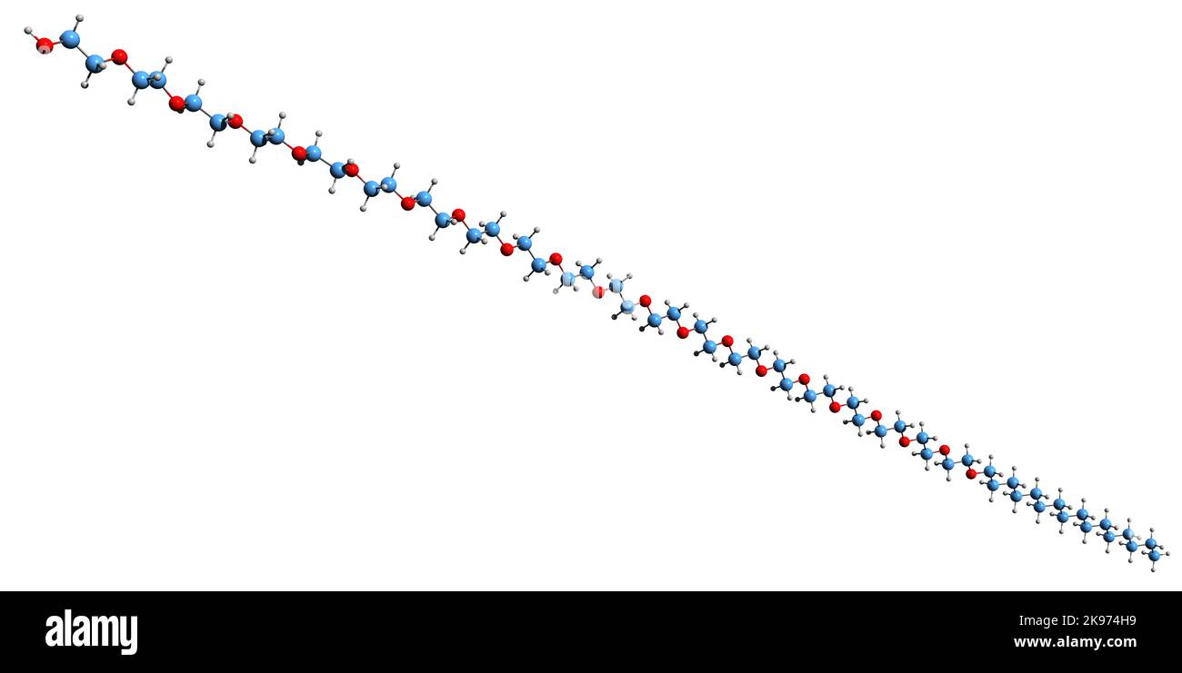 3D immagine di polietilenglicole formula scheletrica - struttura chimica molecolare del composto polietereo PEG isolato su sfondo bianco Foto Stock