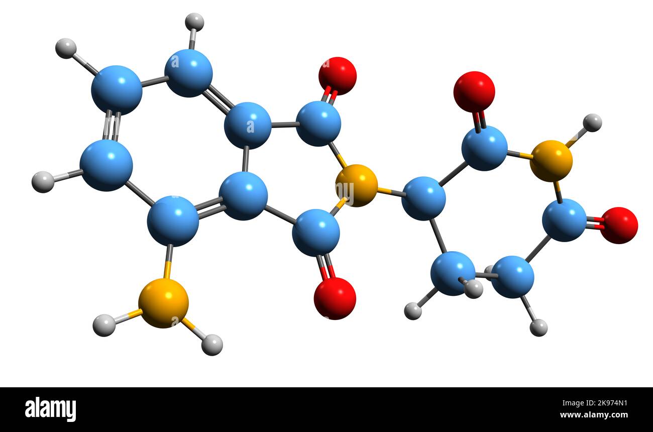 3D immagine di Pomalidomide formula scheletrica - struttura chimica molecolare del derivato di talidomide isolato su sfondo bianco Foto Stock