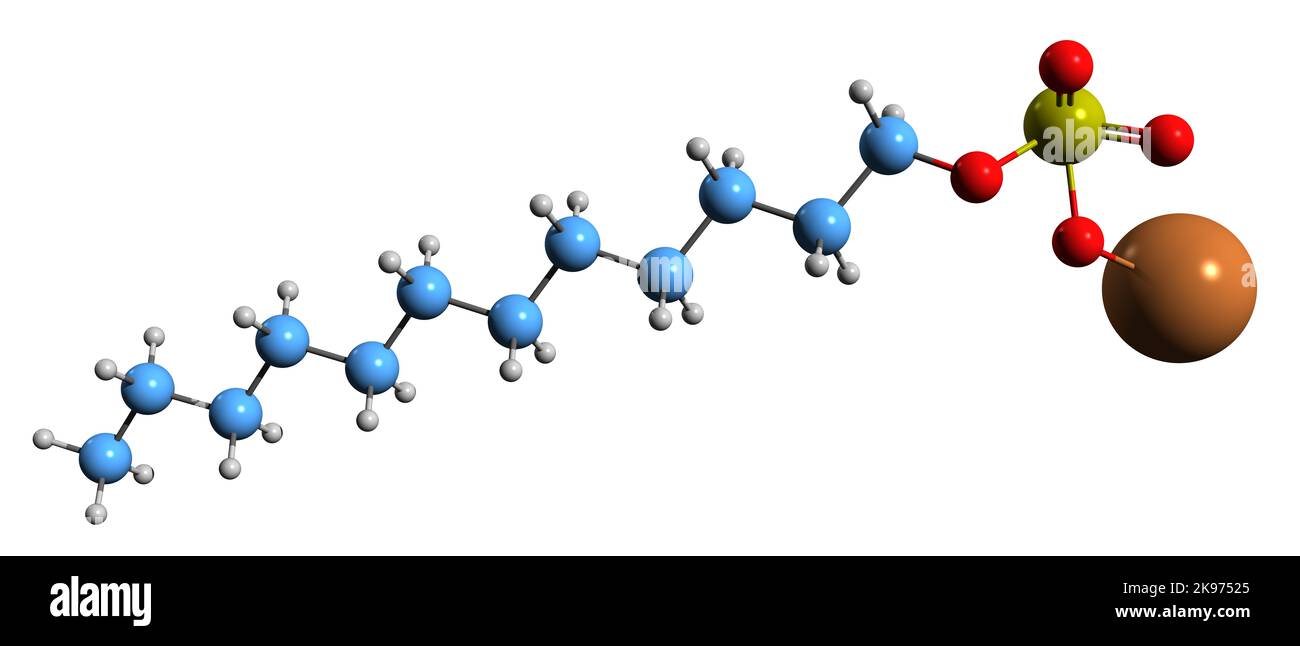 3D immagine di laurilsolfato di potassio formula scheletrica - struttura chimica molecolare di dodecilsolfato di potassio isolato su sfondo bianco Foto Stock