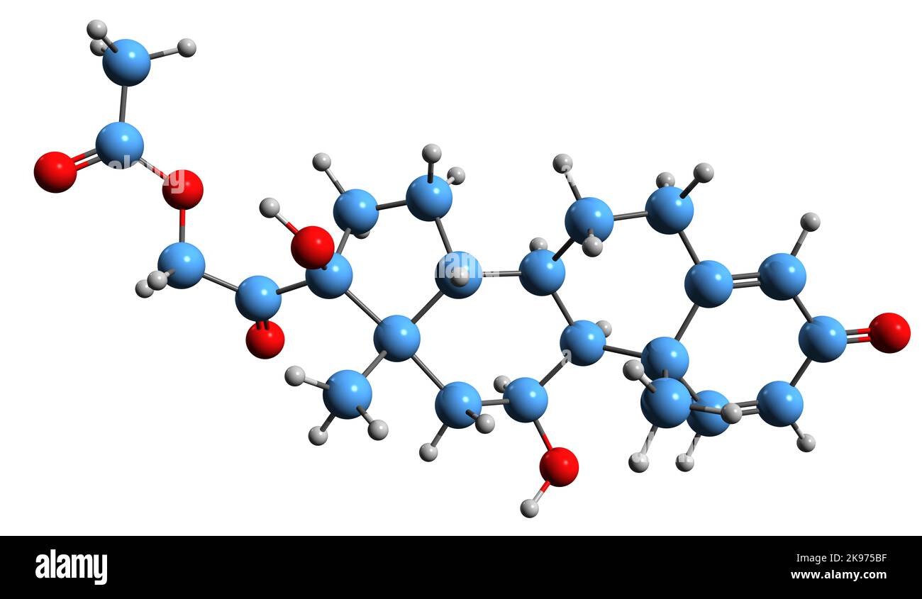3D immagine di Prednisolone acetato formula scheletrica - struttura chimica molecolare del corticosteroide glucocorticoide sintetico isolato su fondo bianco gr Foto Stock 3D immagine di Prednisolone acetato formula scheletrica - struttura chimica molecolare del corticosteroide glucocorticoide sintetico isolato su fondo bianco gr Foto Stock