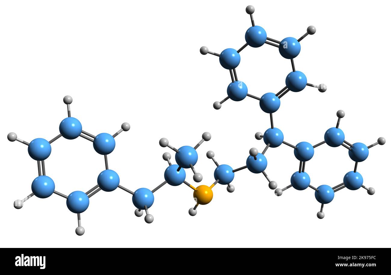 3D immagine della formula scheletrica della prenilammina - struttura chimica molecolare del calcio-antagonista isolato su sfondo bianco Foto Stock