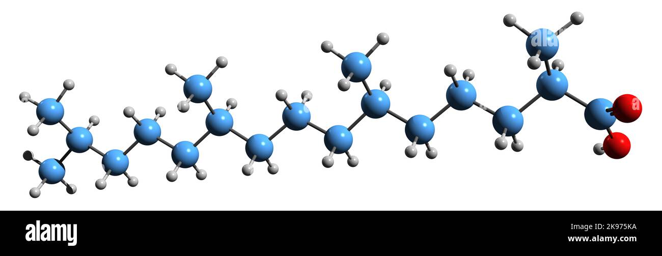 3D immagine della formula scheletrica dell'acido pristanico - struttura chimica molecolare dell'acido terpenoide isolato su sfondo bianco Foto Stock