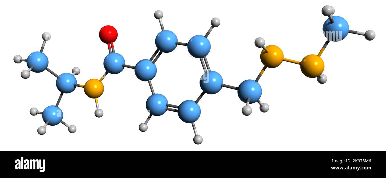 3D immagine della formula scheletrica della procarbazina - struttura chimica molecolare del farmaco chemioterapico isolato su sfondo bianco Foto Stock