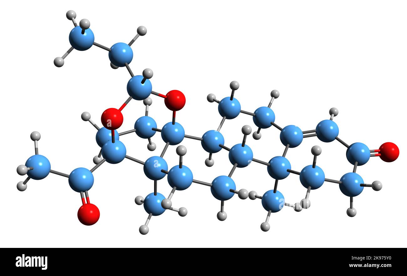 3D immagine della formula scheletrica di Proligestone - struttura chimica molecolare del farmaco progestinico isolato su sfondo bianco Foto Stock