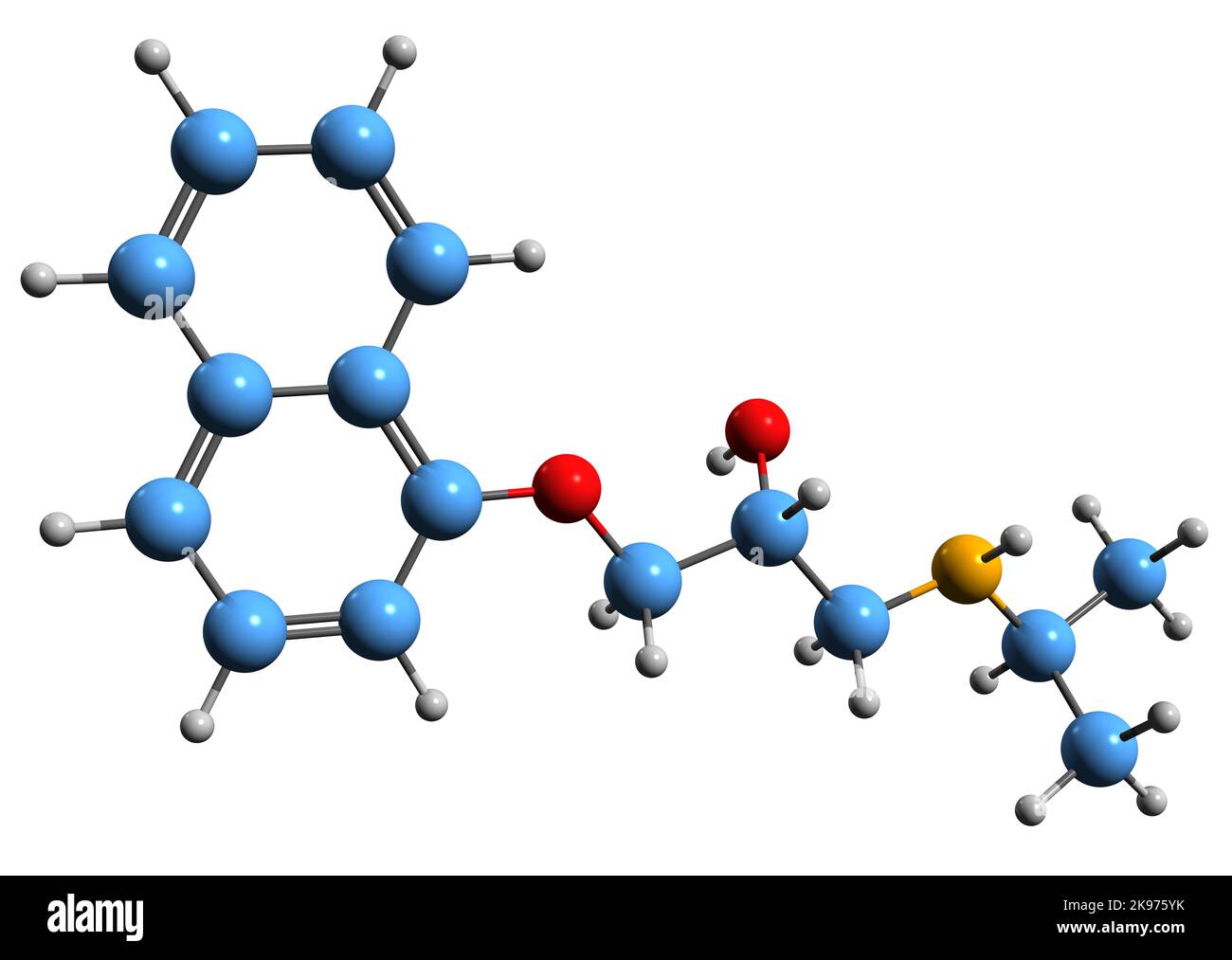 3D immagine di Propranolol formula scheletrica - struttura chimica molecolare del farmaco beta-bloccante isolato su sfondo bianco Foto Stock