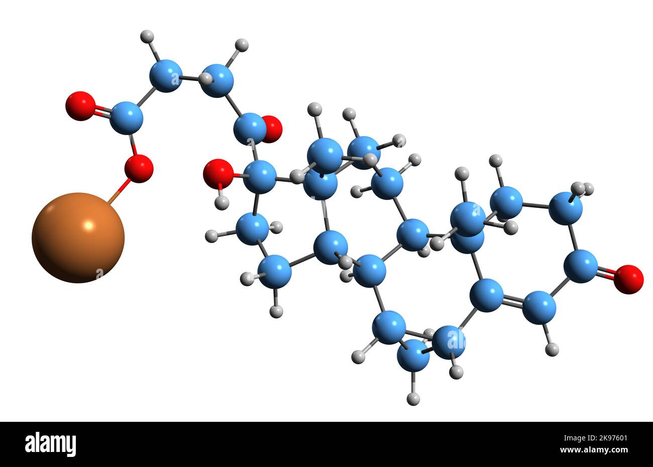 3D immagine di Prorenoato potassio formula scheletrica - struttura chimica molecolare dell'antimineralocorticoide steroideo sintetico isolato su fondo bianco Foto Stock