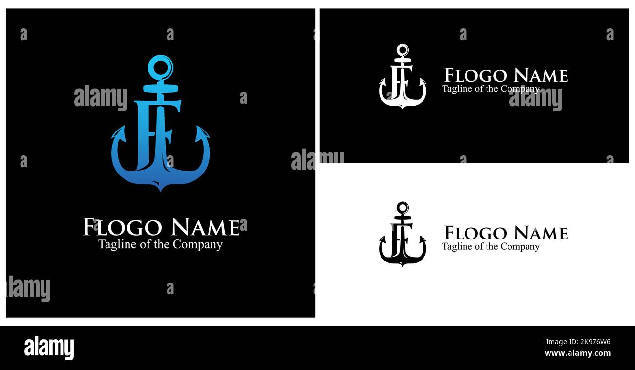 F logotipo. Testo personalizzato iniziale F nell'illustrazione vettoriale del logo achor Illustrazione Vettoriale