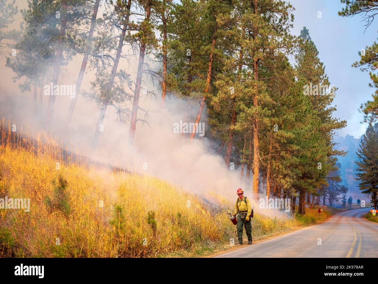 Bruciatura prescritta alla Devil's Tower, Wyoming, USA Foto Stock