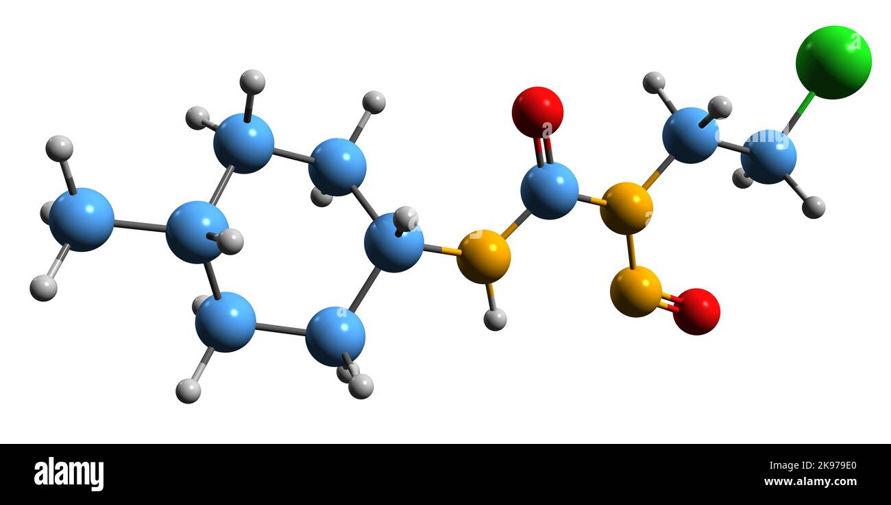 3D immagine della formula scheletrica Semustina - struttura chimica molecolare del composto di nitrosourea alchilante isolato su sfondo bianco Foto Stock